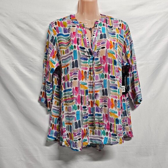 AP NY V Neck Hi-Lo Top Blouse Shirt Women Size M Colorful Cupro blend - Picture 3 of 15